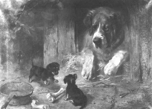 Spielende Dackelwelpen Vor Der Hutte Eines Bernhardiners Oil Painting by Max Ludwig Lebling