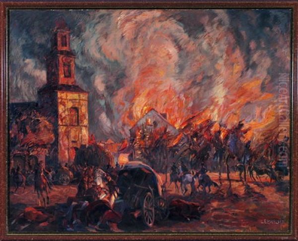 Vormarsch Russischer Truppen In Einer Brennenden Stadt Oil Painting by Georg Lebrecht