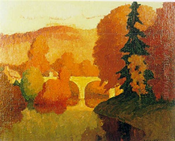 Fin D'apres Midi D'automne Au Pont Du Vey (clecy) Oil Painting by Lucien Leclercq