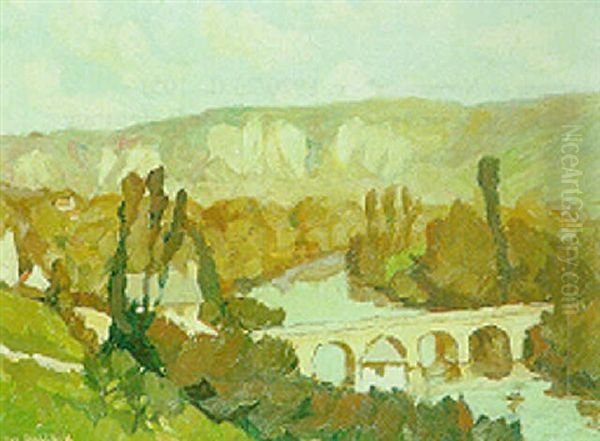 Automne Au Pont Du Vey A Clecy Oil Painting by Lucien Leclercq