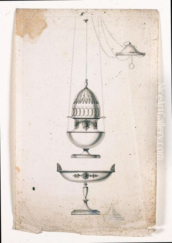 Gruppo Di Disegni Per Argenti: Tre Lampade, Un Calice, Due Placchette Religiose E Un Crocifisso Oil Painting by Giovacchino Belli