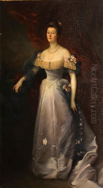 A Portrait Of Lady Bateman, Full-length, Standing By A Balustrade Oil Painting by Jean Jules Antoine Lecomte du Nouy