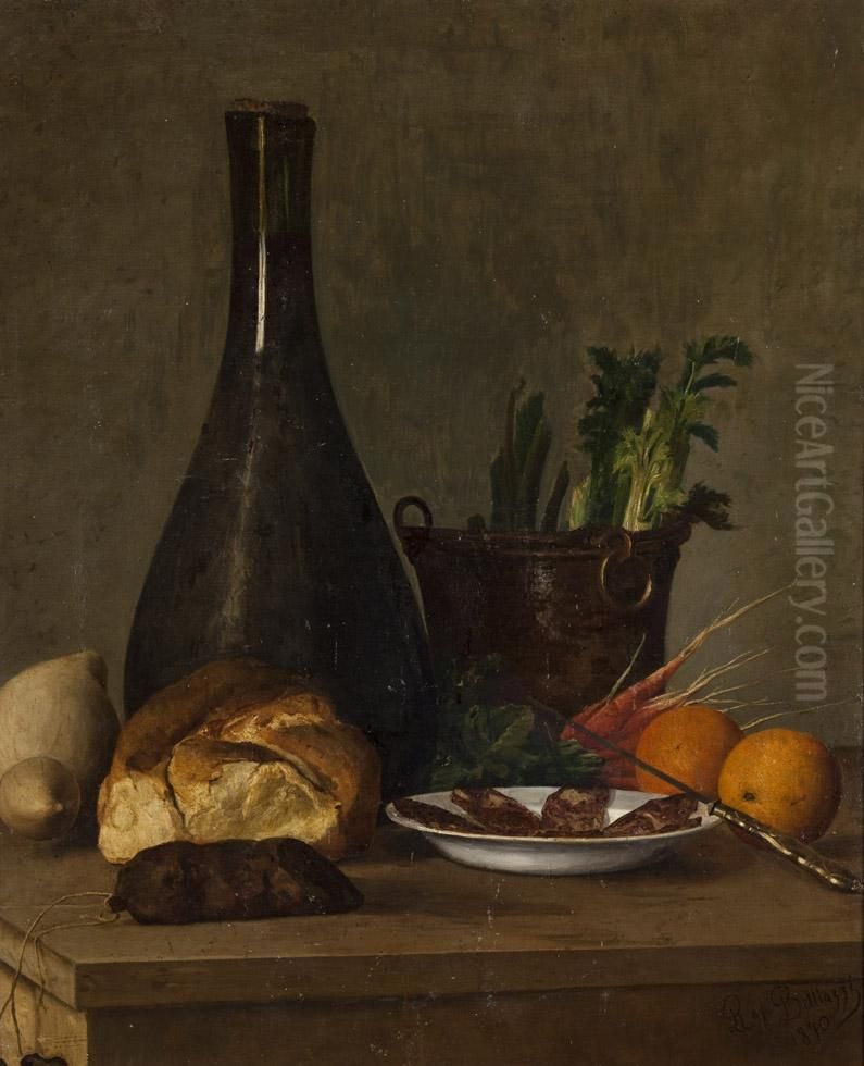 Un Fiasco Di Vino, Una Pentola Con Verdura, Pane, Formaggio, Arance E Salame Su Un Tavolo Oil Painting by Raffaele Belliazzi