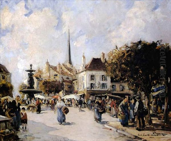 A French Market Scene Oil Painting by Paul Emile Lecomte