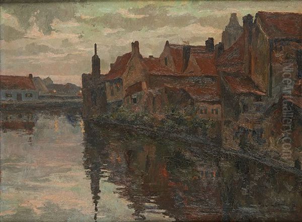 Coucher De Soleil Sur Le Village Au Bord De L'eau Oil Painting by Paul Leduc