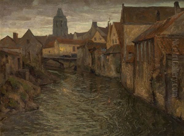 Crepuscule A Oudenaarde Oil Painting by Paul Leduc