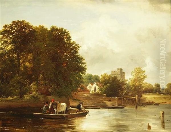 Bewaldete Fluslandschaft, Kinder Mit Ponny Im Boot Uberqueren Den Flus Oil Painting by Frederick Richard Lee, R.A.