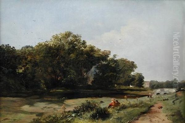Walkers Resting By A River Bank, A Packhorse Bridge Beyond Oil Painting by Frederick Richard Lee, R.A.