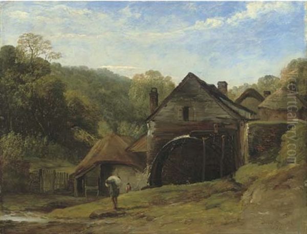 An Overshot Mill In A Wooded Landscape With A Figure In The Foreground Oil Painting by Frederick Richard Lee, R.A.