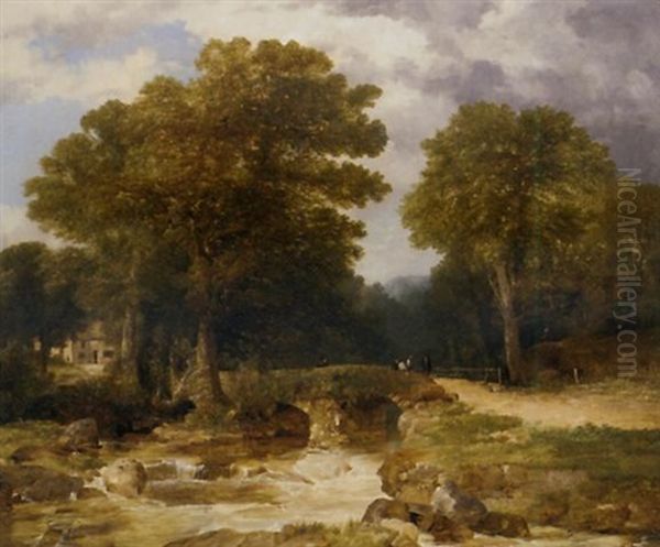 A Wooded River Landscape With Figures On A Bridge And A Building Beyond Oil Painting by Frederick Richard Lee, R.A.
