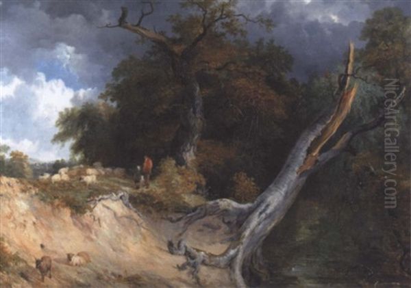 Landscape With Fallen Birch And Shepherd Oil Painting by Frederick Richard Lee, R.A.