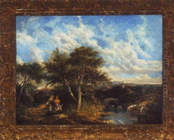 Country Landscape With Woman, Child And Dog Oil Painting by Frederick Richard Lee, R.A.