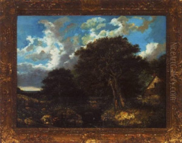 Country Landscape With Children Fishing Oil Painting by Frederick Richard Lee, R.A.