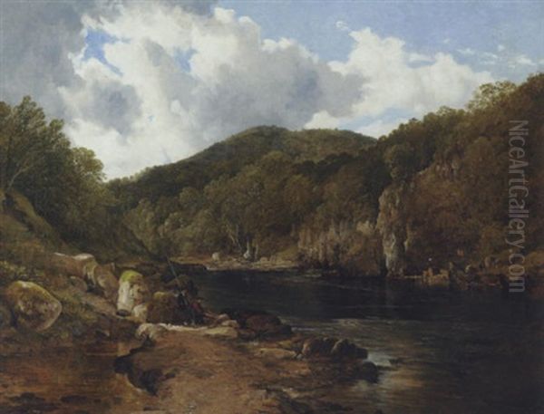 A Scottish Wooded River Landscape With Anglers On The Rocks Oil Painting by Frederick Richard Lee, R.A.
