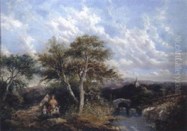 Figures Overlooking A River Oil Painting by Frederick Richard Lee, R.A.