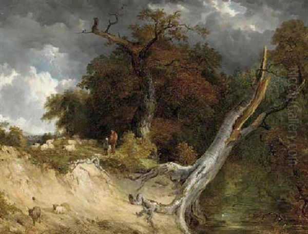 A Shepherd With His Flock On A River Bank Oil Painting by Frederick Richard Lee, R.A.