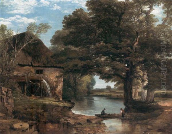 My Cottage Near The Brook: A Wooded River Landscape With An Overshot Mill And Fishermen Oil Painting by Frederick Richard Lee, R.A.