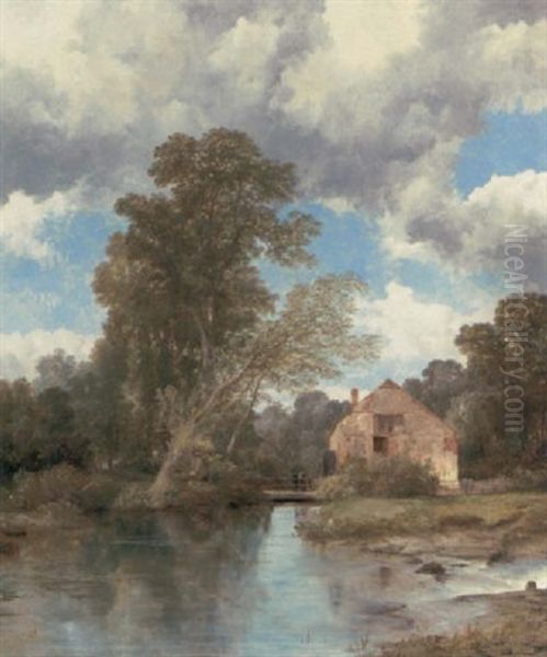 A Wooded River Landscape With Figures On A Bridge By A Watermill Oil Painting by Frederick Richard Lee, R.A.