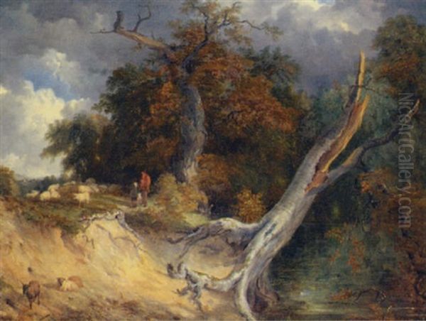 Figures And Sheep In A Wooded Landscape Oil Painting by Frederick Richard Lee, R.A.