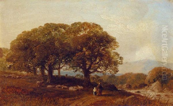 Figures By A Flock Of Sheep On A Riverside Track Oil Painting by Frederick Richard Lee, R.A.