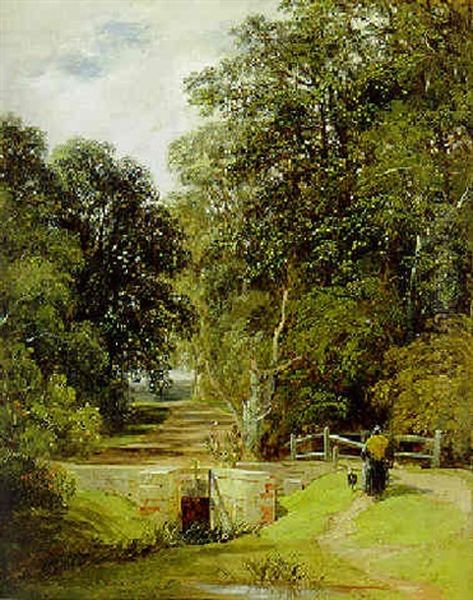A Figure Before A Bridge In A Wooded Landscape Oil Painting by Frederick Richard Lee, R.A.