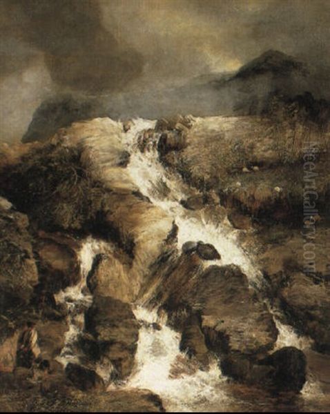 Waterfall In Rocky Landscape With Fishermen Oil Painting by Frederick Richard Lee, R.A.