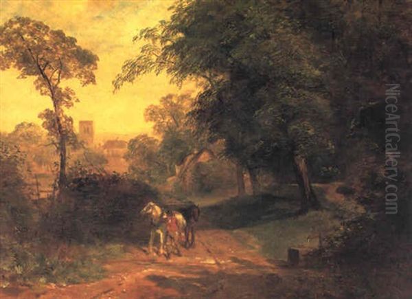 Man And His Horses On A Wooded Track Oil Painting by Frederick Richard Lee, R.A.