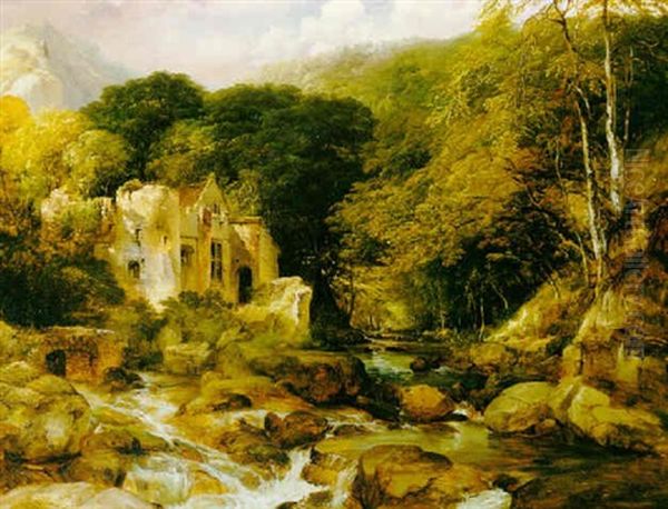 River Landscape With Ruin, Probably The River Tavy, Devon Oil Painting by Frederick Richard Lee, R.A.