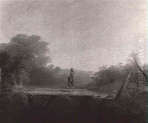 Young Girl On A Bridge Over A Rushing Stream Oil Painting by Frederick Richard Lee, R.A.