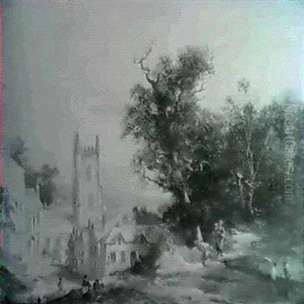 Figures By A Village Oil Painting by Frederick Richard Lee, R.A.