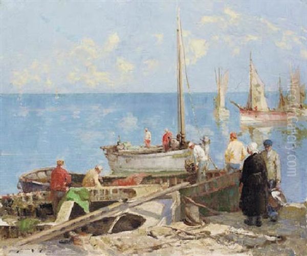 Arrival Of Sardine Boats, Brittany Oil Painting by William Lee-Hankey