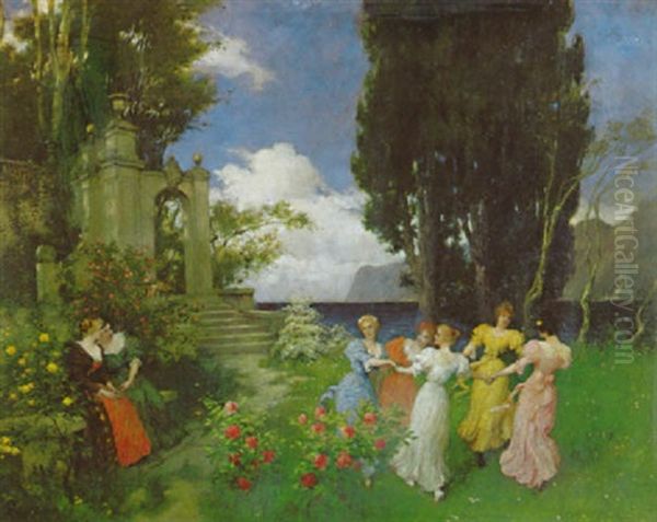 Sommerreigen Tanzender Madchen An Meeresufer Bei Einem Parkportal Oil Painting by Ferdinand Leeke