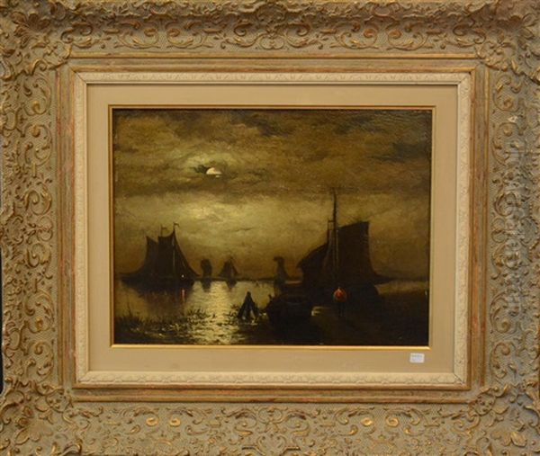 Paysage Maritime Nocturne Oil Painting by Egide Francois Leemans