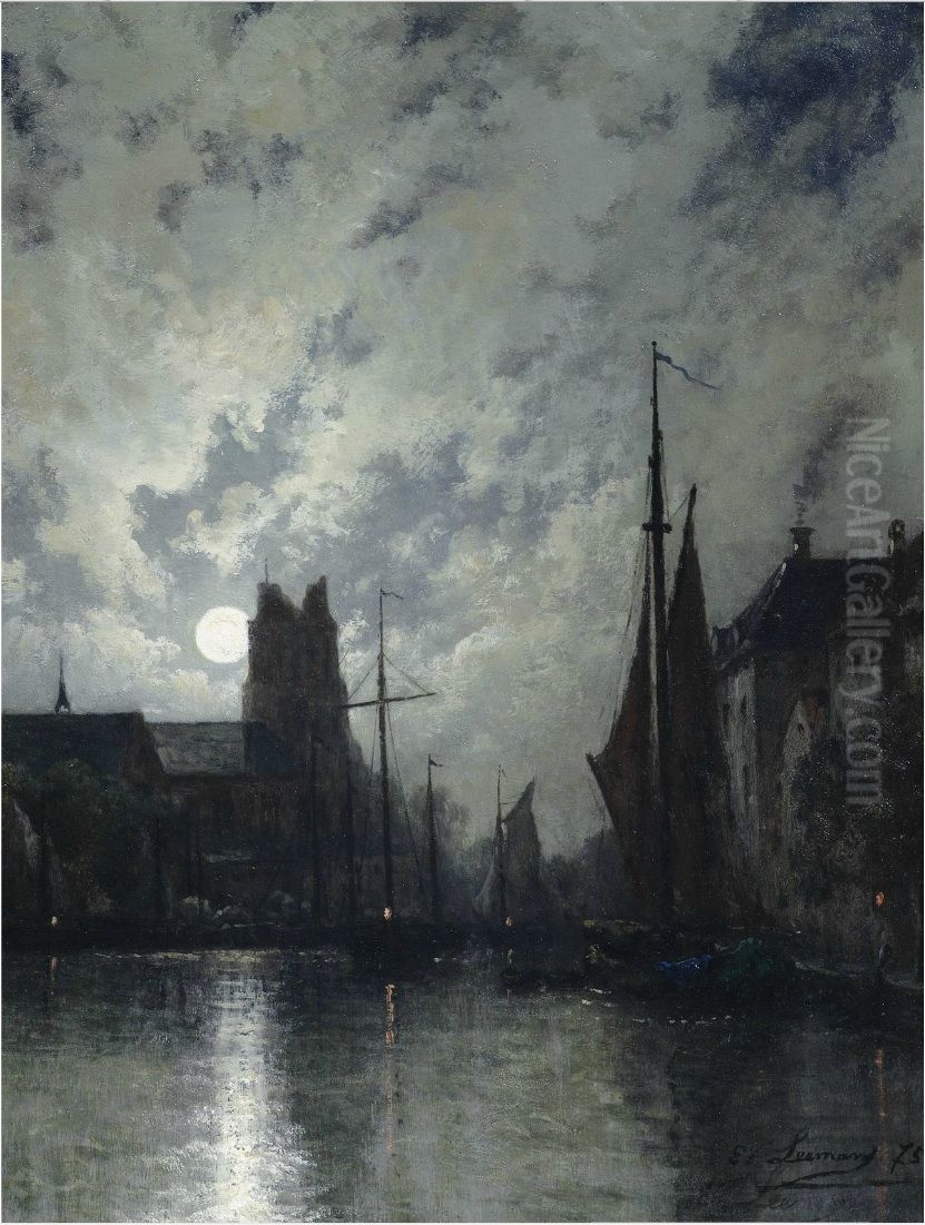 Canal In Dordrecht At Moonlight Oil Painting by Egide Francois Leemans
