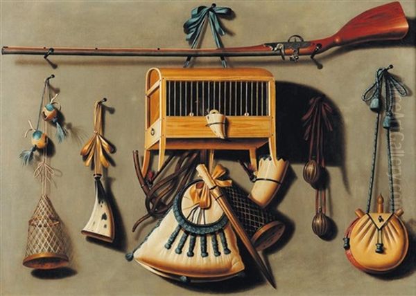 Trompe L'oeil Avec Les Accessoires De La Chasse Oil Painting by Johannes Leemans