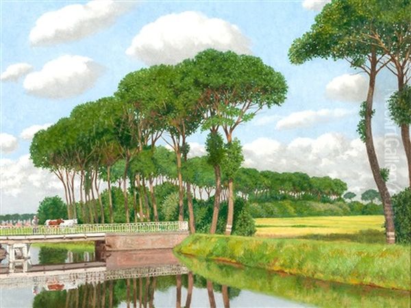 Canal En Flandre Oil Painting by Jef Leempoels
