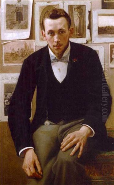 Homme Assis Devant Un Mur Decore De Gravures Et De Dessins Oil Painting by Jef Leempoels