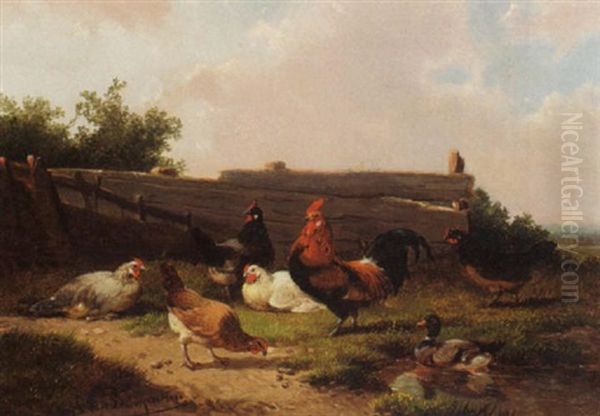 Chickens Accompanied By A Duck Oil Painting by Cornelis van Leemputten