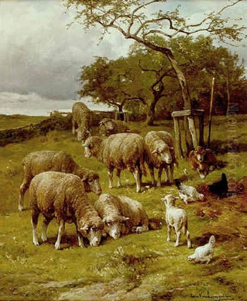 Le Troupeau De Moutons Sous Les Pommiers Oil Painting by Cornelis van Leemputten