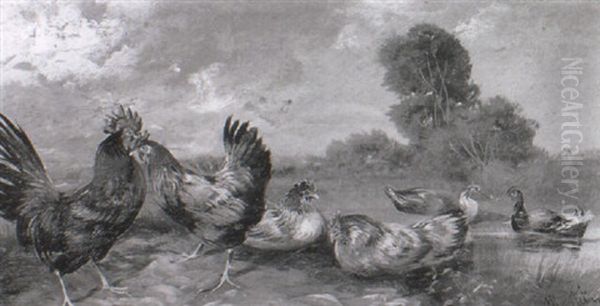 Poultry In A Landscape Oil Painting by Cornelis van Leemputten