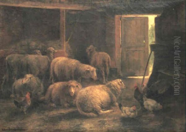 Sheep And Poultry In A Barn Oil Painting by Cornelis van Leemputten