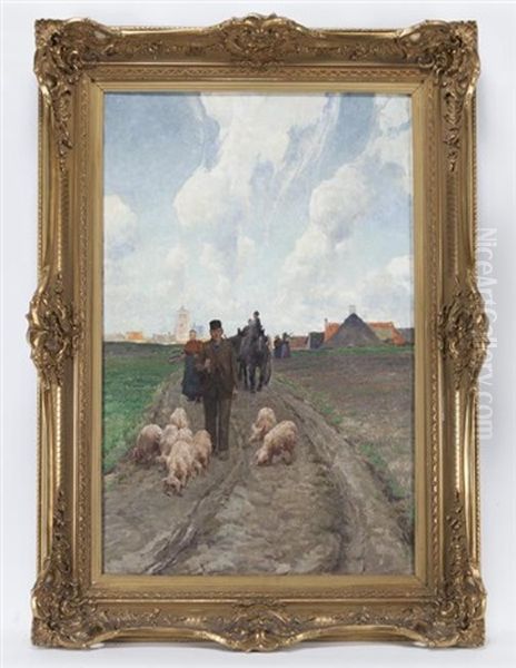 Untitled (pigs Going To Market) Oil Painting by Frans Van Leemputten