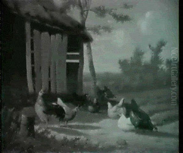 Uden For En Honsegard Og Aender Og Hons Ved Et Vandhul Oil Painting by Jef Louis Van Leemputten