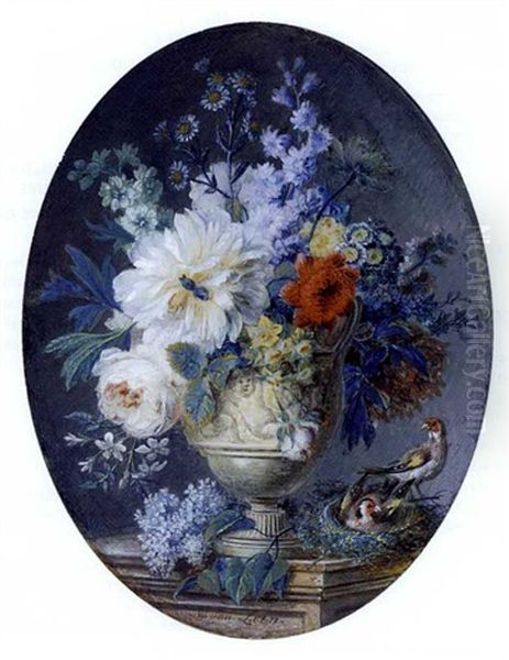 A Still Life Of Flowers In A Stone Vase Sculpted With Amorini On A Stone Ledge Including A Peony, Anemones, Old Roses, Auriculae, Chrysanthemums, Daisies, Larkspur And Acanthus Leaves, Two Goldfinches Oil Painting by Willem van Leen