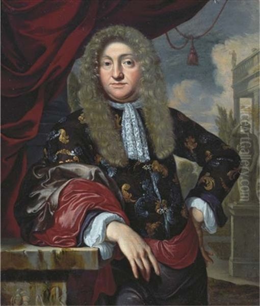 Portrait Of A Gentleman Standing On A Balcony In A Satin Brocade Japansche Rok, Lace Jabot And Wig, A Garden With An Antique Statue Parlante Beyond Oil Painting by Pieter Leermans