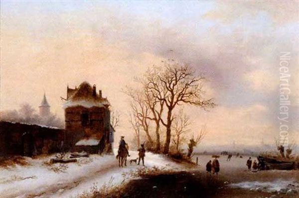 Winter Scene With Skaters On A River Oil Painting by Alexis de Leeuw
