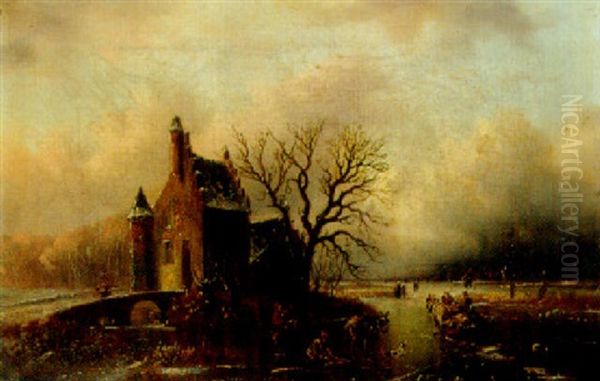 Wood Gatherers And A Sledge In A Winter Landscape Oil Painting by Alexis de Leeuw