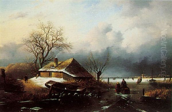 Figures Skating On A Frozen Lake Oil Painting by Alexis de Leeuw