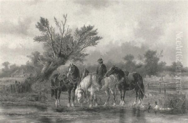 Horses Watering At A Village Pond Oil Painting by Alexis de Leeuw