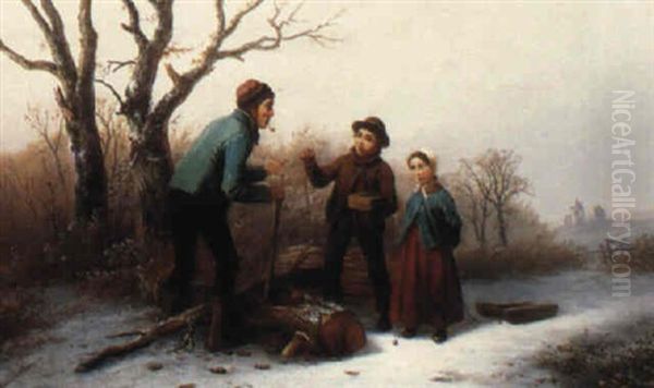 Woodcutters In A Snowy Landscape Oil Painting by Alexis de Leeuw